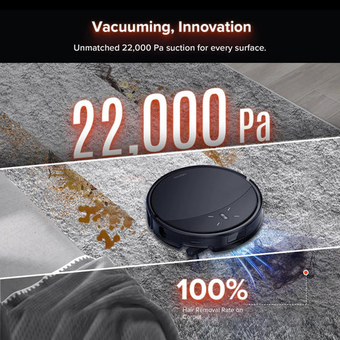 Top view of roborock Saros 10R robot vacuum and mop in black with 22,000 Pa suction banner on carpet