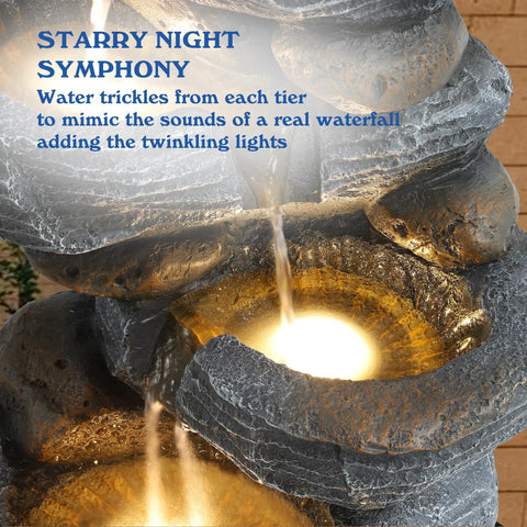 Close-up of 5 Tier Cascading Rock Water Fountain With LED Lights For Outdoor And Indoor Use, resin, illuminated tiers.