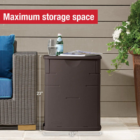 19 Gallon Resin Outdoor Deck Box Weatherproof Storage Brown UV Resistant Water Tight Lid Doubles As End Table beside patio chair