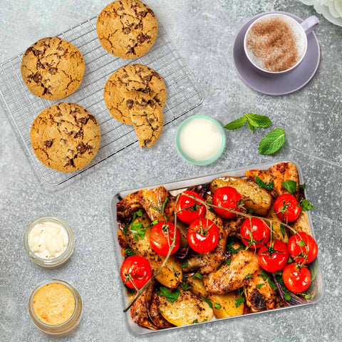 Stainless Steel Toaster Oven Pan With Rack Set Durable 9 Inch Baking Tray And Grid Cooling Rack with cookies and roasted dish