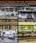 Image of various travel trailers showing X Shaped Wheel Chocks For Travel Trailers With Drill Adjust, Beefed Up Heavy Duty RV Stabilizers holding tires.