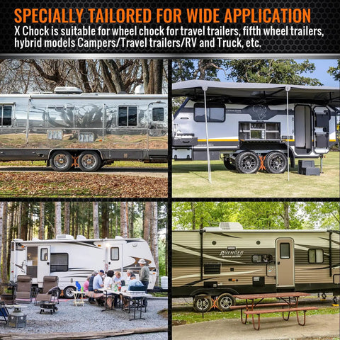 Image of various travel trailers showing X Shaped Wheel Chocks For Travel Trailers With Drill Adjust, Beefed Up Heavy Duty RV Stabilizers holding tires.