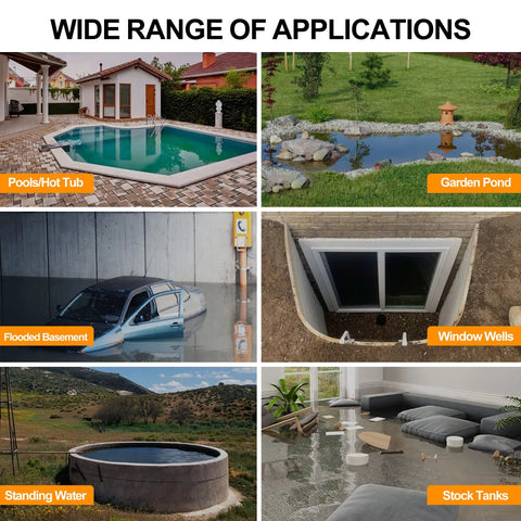 Collage of areas where a Portable Submersible Sump Pump 1HP Automatic Water Transfer For Clean And Dirty Water With Float Switch 4000 GPH is used. Images include a pool, garden pond, flooded basement, window wells, standing water, and stock tanks.