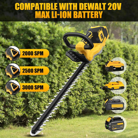 Cordless Hedge Trimmer For 20V Max Battery with 20 Inch Blade in front of shrubs, showcasing multiple settings and compatible DCB batteries.