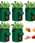 Five Pack 7 Gallon Fabric Potato Grow Bags With Handles And Roll Up Windows For Easy Harvests Breathable Nonwoven Grow Pots For Potatoes Durable Green Planting Bags arranged in a group