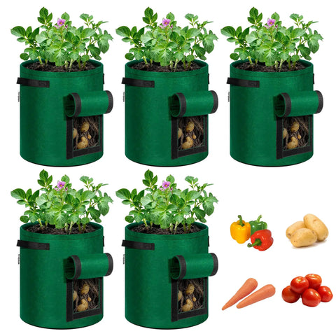 Five Pack 7 Gallon Fabric Potato Grow Bags With Handles And Roll Up Windows For Easy Harvests Breathable Nonwoven Grow Pots For Potatoes Durable Green Planting Bags arranged in a group