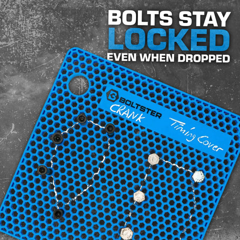 Original Blue Fastener Organizer Tray Pro Grade For Mechanics And DIYers Silicone Bolt And Screw Tray That Keeps Bolts In Place During Teardown And Reassembly Heat And Chemical Resistant Non Slip Tool Tray For Automotive And Industrial Use displayed on a workbench.