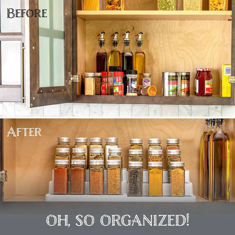 Before and after comparison showing the Built Tough 3 Tier Expandable Spice Rack Featuring Adjustable Length And Secure Non Slip Shelves.