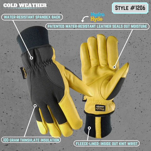 Men's Insulated Water-Resistant Leather Palm Winter Work Gloves With Goat Skin Palm, Large, with fleece-lined knit wrist.