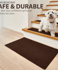 Non Slip Stair Treads For Wood Stairs 14 Pack 8.5 By 30 Inches With Landing Rug And Brush Indoor Brown Stair Runners Safe Steps For Pets Kids And Seniors shown with a dog on a brown stair tread mat.