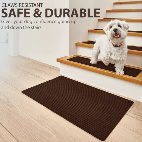 Non Slip Stair Treads For Wood Stairs 14 Pack 8.5 By 30 Inches With Landing Rug And Brush Indoor Brown Stair Runners Safe Steps For Pets Kids And Seniors shown with a dog on a brown stair tread mat.