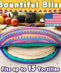 Multicolor 12 Inch Tortilla Warmer Pouch filled with tortillas, microwavable fabric design, keeps tortillas soft and warm.