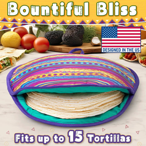 Multicolor 12 Inch Tortilla Warmer Pouch filled with tortillas, microwavable fabric design, keeps tortillas soft and warm.