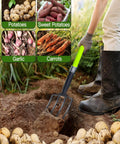 Heavy Duty Garden Fork With Four Tines, 45 Inch Pitchfork For Yard Work, Dirt Turning And Composting in soil with potatoes