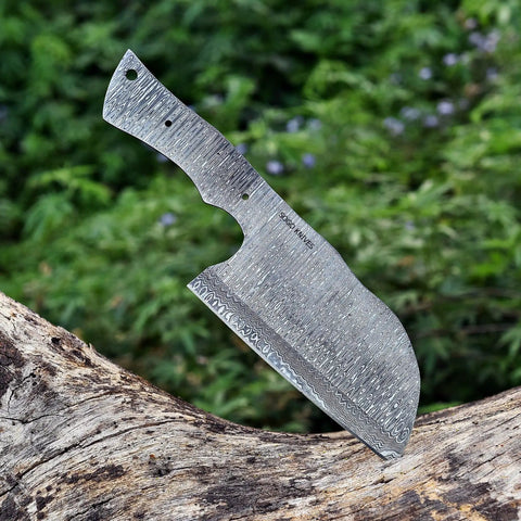 Damascus Knife Making Kit With DIY Knife Set Includes Meat Cleaver Blank, Steel Blade on a rustic wood background