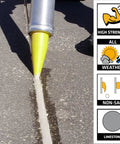 Heavy Duty Polyurethane Joint Sealant In Limestone applied smoothly into a concrete crack with a yellow nozzle, showcasing its fast cure.