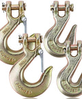 4 Piece 3/8 Inch Clevis Slip And Grab Hook Set With Safety Latch, Heavy Duty Forged Steel G70 Chain Ties Rated At 6600 Lbs, close-up view.