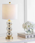 Mercury Glass And Brass Table Lamp With White Linen Shade For Bedroom And Living Room, Modern Stacked Sphere Bedside Lamp