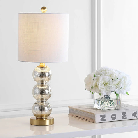 Mercury Glass And Brass Table Lamp With White Linen Shade For Bedroom And Living Room, Modern Stacked Sphere Bedside Lamp