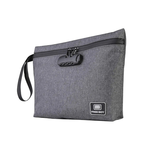 Gray odor proof stash bag with combination lock, durable smell proof gear storage 11.8 x 8.6 inch, travel safe carbon lined bag.
