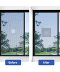 Before and after using Heavy Duty Window Screen Repair Tape 2 Inch By 15 Foot Roll, Tough Adhesive Mesh Patch Kit For Windows Or Doors, Easy DIY Fix For Tears And Holes, Black Finish