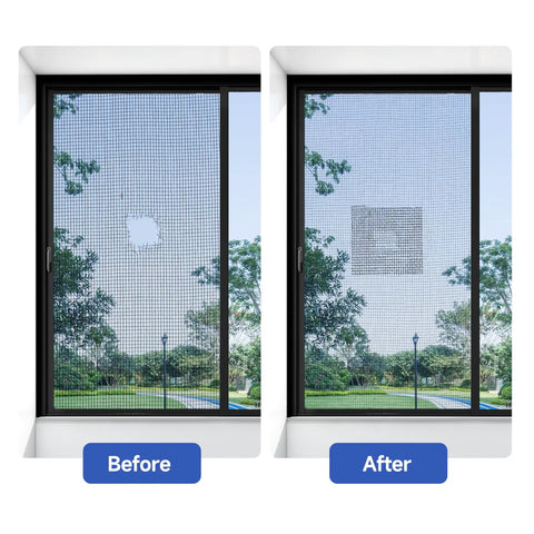 Before and after using Heavy Duty Window Screen Repair Tape 2 Inch By 15 Foot Roll, Tough Adhesive Mesh Patch Kit For Windows Or Doors, Easy DIY Fix For Tears And Holes, Black Finish