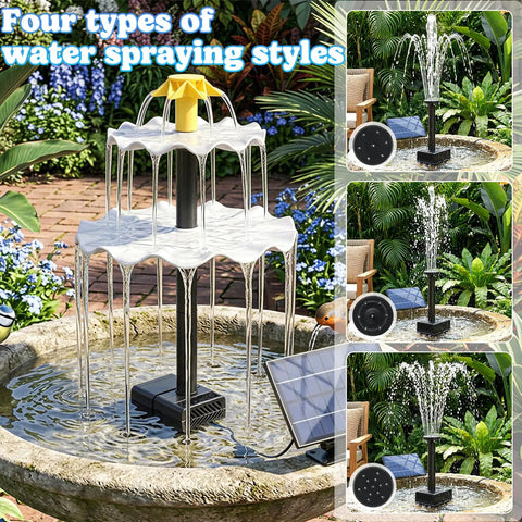 Sun Powered Water Fountain Kit With 2.5W Solar Panel, Four Spray Nozzles, And 9.54 Ft Cable for Bird Bath, in use with water jets.
