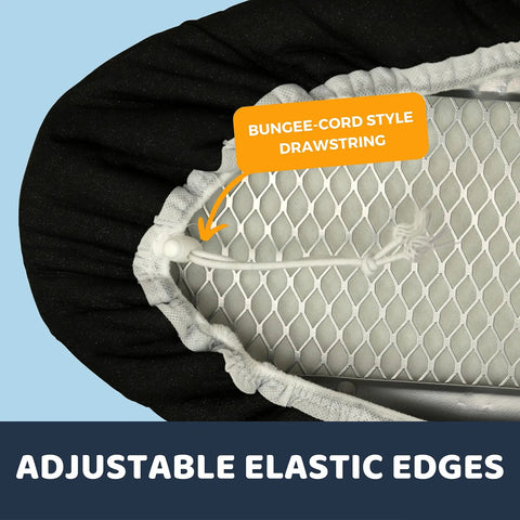 Ironing Board Cover And Pad For Standard 15 Inch By 54 Inch Heavy Duty Cotton Padding Extra Thick 4 Layer Heat Reflective And No Slip Elastic Edge Black with bungee cord style drawstring.