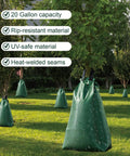 Green 20 Gallon Tree Water Bags With Slow Release Irrigation System For Deep Root Moisture in a landscaped area