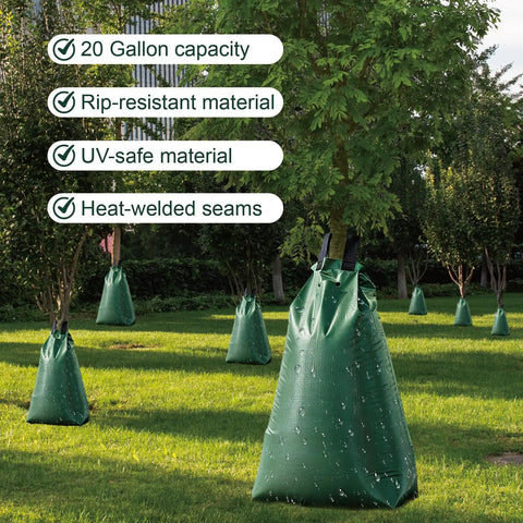 Green 20 Gallon Tree Water Bags With Slow Release Irrigation System For Deep Root Moisture in a landscaped area