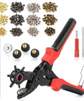Leather Hole Punch Tool Kit With 240 Rivets Red Handled Rotary Belt Punch for leatherwork projects.