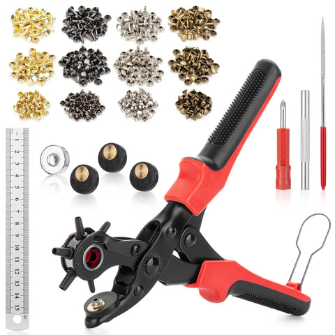 Leather Hole Punch Tool Kit With 240 Rivets Red Handled Rotary Belt Punch for leatherwork projects.