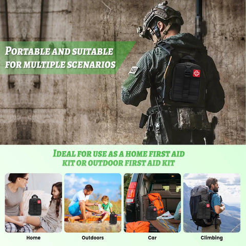 Black IFAK trauma first aid kit pouch worn on a tactical backpack with a red cross patch