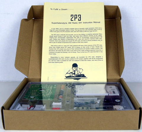 AM Radio Receiver DIY Kit For Enthusiasts open box with step-by-step guide and components for building a portable radio case