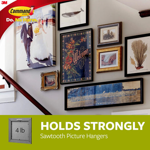 Damage Free Wire Back Hanger Set With 3 Hangers And 6 Strips, displaying frames on wall, no residue, 4 lbs per hanger.
