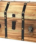 Vintage Wooden Treasure Chest Trunk With Leather Straps And Brass Rivets Lion Head Ornaments On Front And Sides Latch Closure