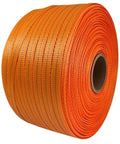 Built To Crush Heavy Loads 3/4 Inch X 1650 Foot Woven Polyester Strapping Cord in orange, displaying the roll for heavy duty use.