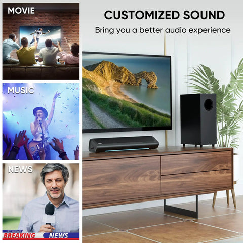2.1 Channel Sound Bar With Subwoofer For TV And PC Gaming Kickin Bass For Movie Night Deep Bass Home Theater System in living room