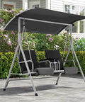 Two Seat Outdoor Porch Swing With Adjustable Canopy Heavy Duty 650 Lb Capacity Patio Swing With Pivot Storage Table And Cup Holders