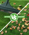 Beefy Turf Rake With Steel Telescopic Handle removing leaves from artificial grass, before and after comparison, bright yellow.
