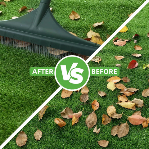 Beefy Turf Rake With Steel Telescopic Handle removing leaves from artificial grass, before and after comparison, bright yellow.