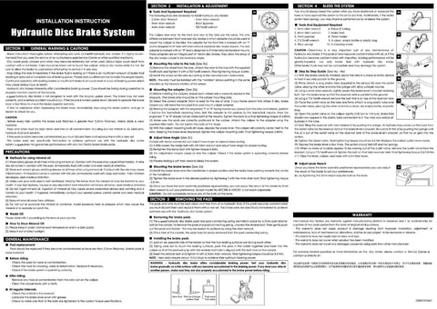 Installation instructions for 4 Piston Mountain Bike Hydraulic Disc Brake Set with diagrams and warnings.