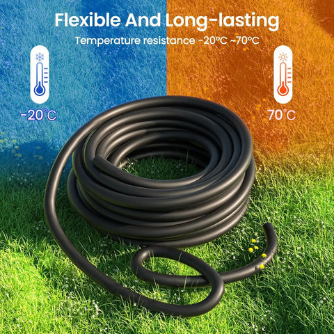 100 Ft Half Inch Drip Irrigation Tubing Mainline Hose For Garden Watering Flexible PVC Black Tubing on grass with temperature resistance shown