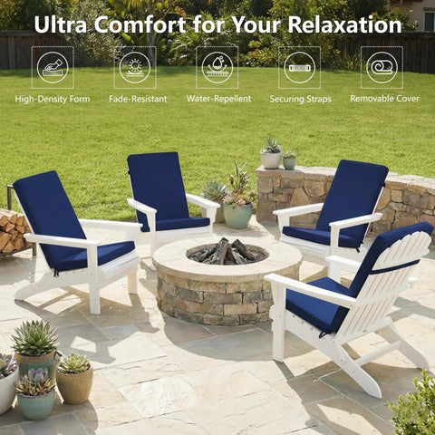 Cozy Outdoor Adirondack Chair Cushions Set Of 4 With Removable Covers Water Repellent Fade Resistant Non Slip Bottom And Securing Straps Universal Fit For Most Adirondack And Rocking Chairs Navy installed around a fire pit on a patio.