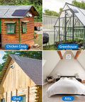 Top Shelf 25 Watt Solar Powered Fan And 8 Inch Waterproof Exhaust Blower For Outdoor Shed And Greenhouse Cooling installed in chicken coop and attic, showcasing usage in various outdoor buildings.