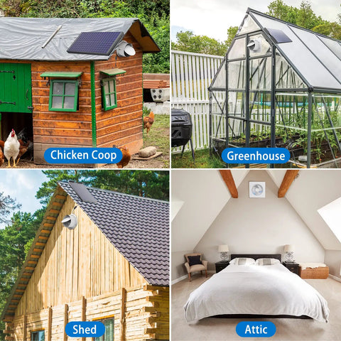 Top Shelf 25 Watt Solar Powered Fan And 8 Inch Waterproof Exhaust Blower For Outdoor Shed And Greenhouse Cooling installed in chicken coop and attic, showcasing usage in various outdoor buildings.