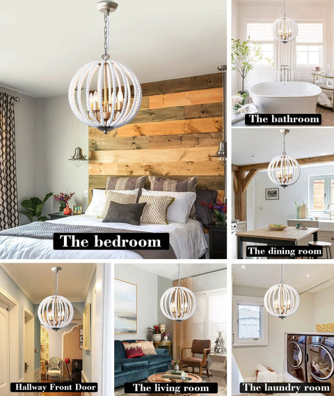 White Wood Beaded Chandelier Four Light Boho Farmhouse Pendant With E12 Base And Adjustable Chain For Dining Room Foyer Bedroom Kitchen Island Perfect For Coastal Shabby Chic Modern Rustic Vibe Decor