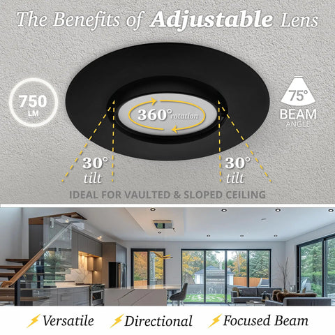 4 Inch Gimbal LED Recessed Can Lights in Black Finish 5 CCT Tunable White 2700K to 5000K 750 Lumens 10W Dimmable 90 CRI Eyeball Lights for Sloped Ceilings ETL Listed Retrofit Kit 6 Pack showing adjustable lens in room setup