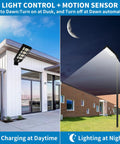 Beefy 400W Solar Street Light Dusk To Dawn With Motion Sensor Remote illuminating a parking lot and driveway by day and night.