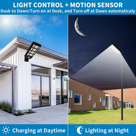 Beefy 400W Solar Street Light Dusk To Dawn With Motion Sensor Remote illuminating a parking lot and driveway by day and night.